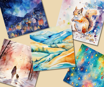 Reverse Coloring – Winter Watercolor Scenes PDF with 40 Printable Pages