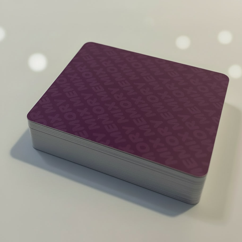 Stack of 32 blank Memory Mix cards with white matte front and soft purple back, rounded corners visible, ideal for drawing or writing.