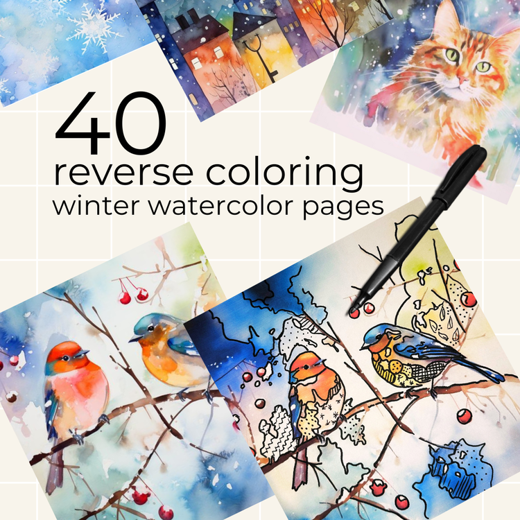 Collage of winter-themed watercolor reverse coloring pages with birds, snowmen, and a cat, featuring text 40 reverse coloring winter watercolor pages.